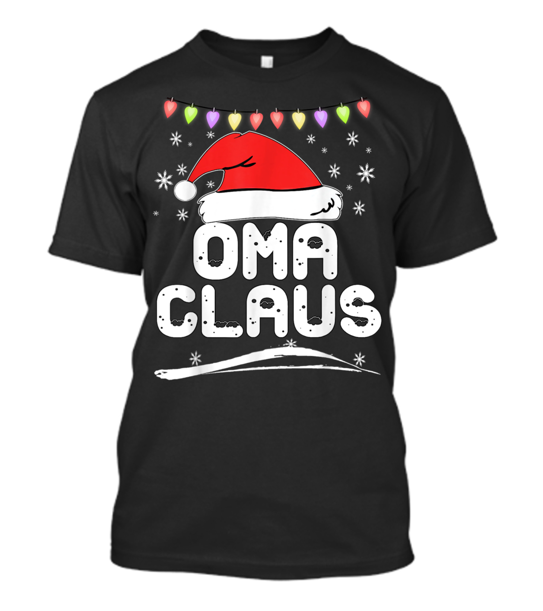 Oma Claus Christmas Santa Hat Snowflakes Heart Lights T-Shirt