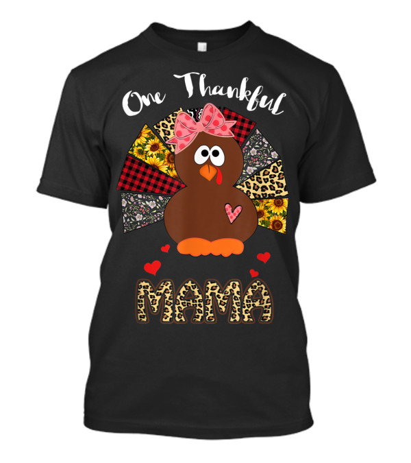 One Thankful Mama Leopard Pattern Turkey With Heart And Bow T-Shirt