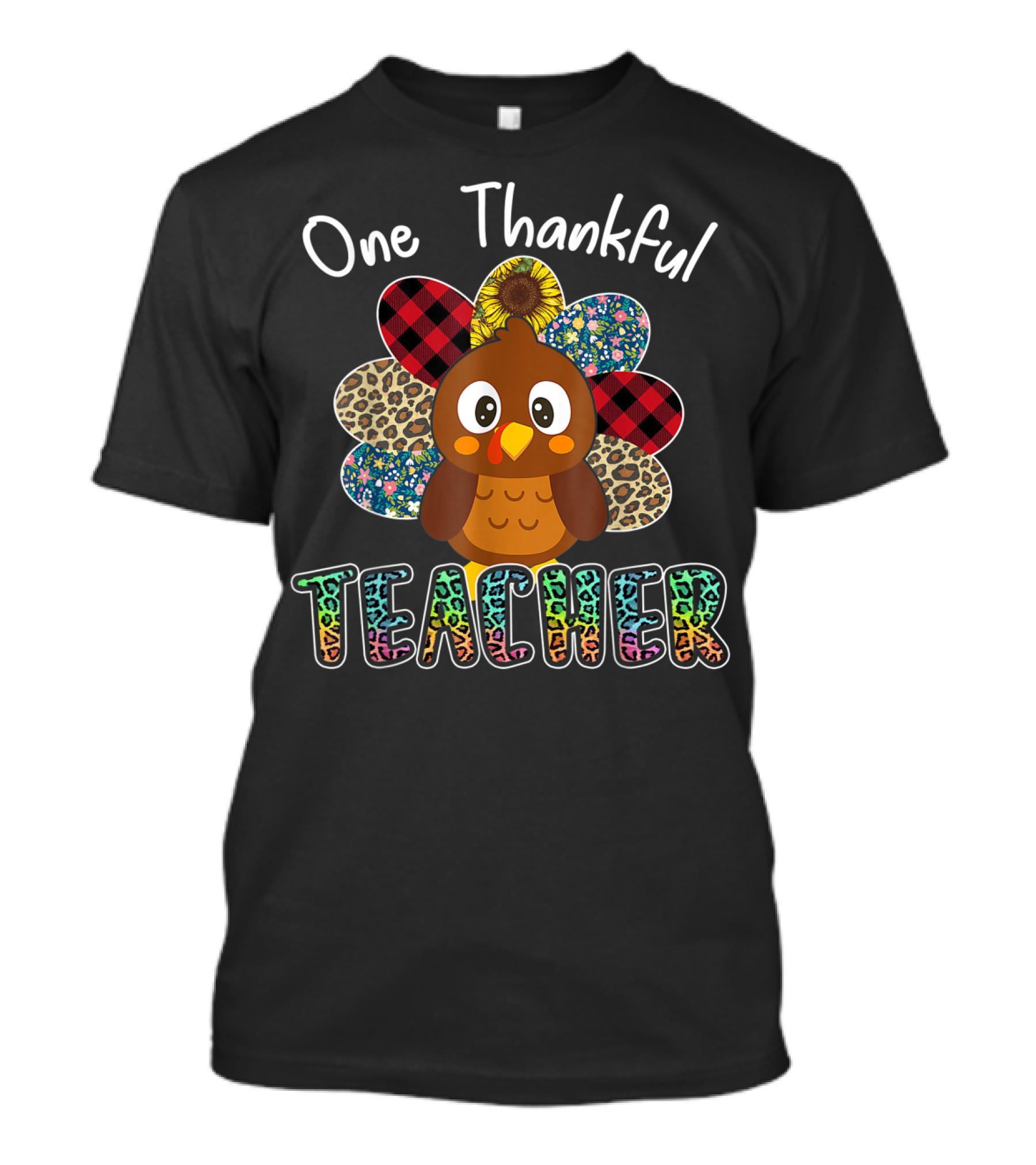 One Thankful Teacher Turkey Leopard Plaid T-Shirt