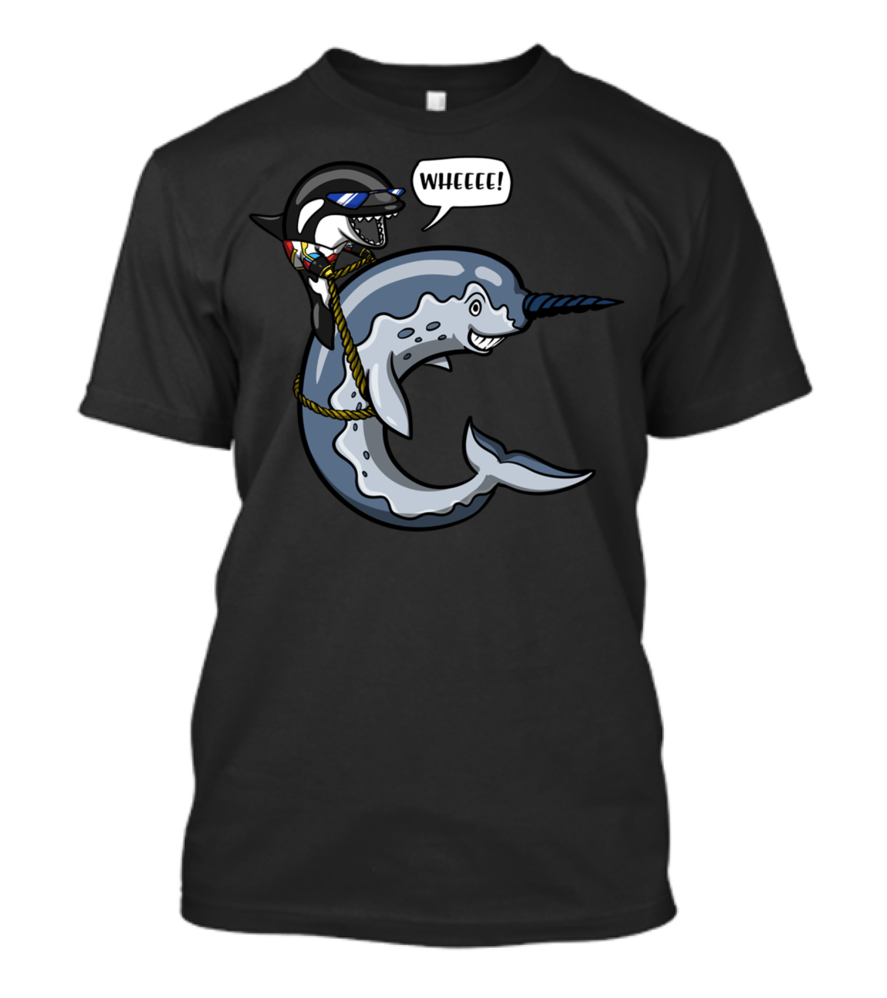 Orca Whale Riding Narwhal Fish Wheeeee Funny Ocean T-Shirt