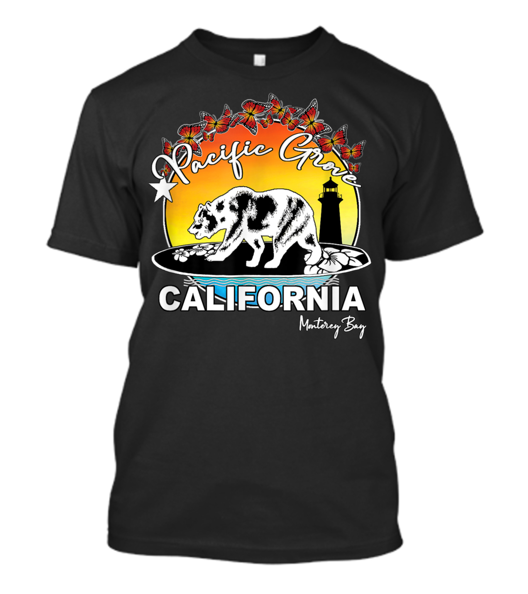 Pacific Grove California Surfing Bear Monterey Bay Sunburst Butterflies Lighthouse T-Shirt