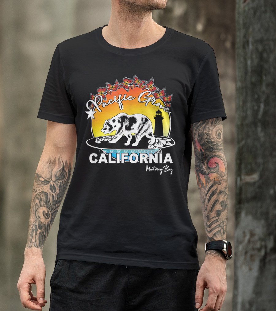 Pacific Grove California Surfing Bear Monterey Bay Sunburst Butterflies Lighthouse T-Shirt