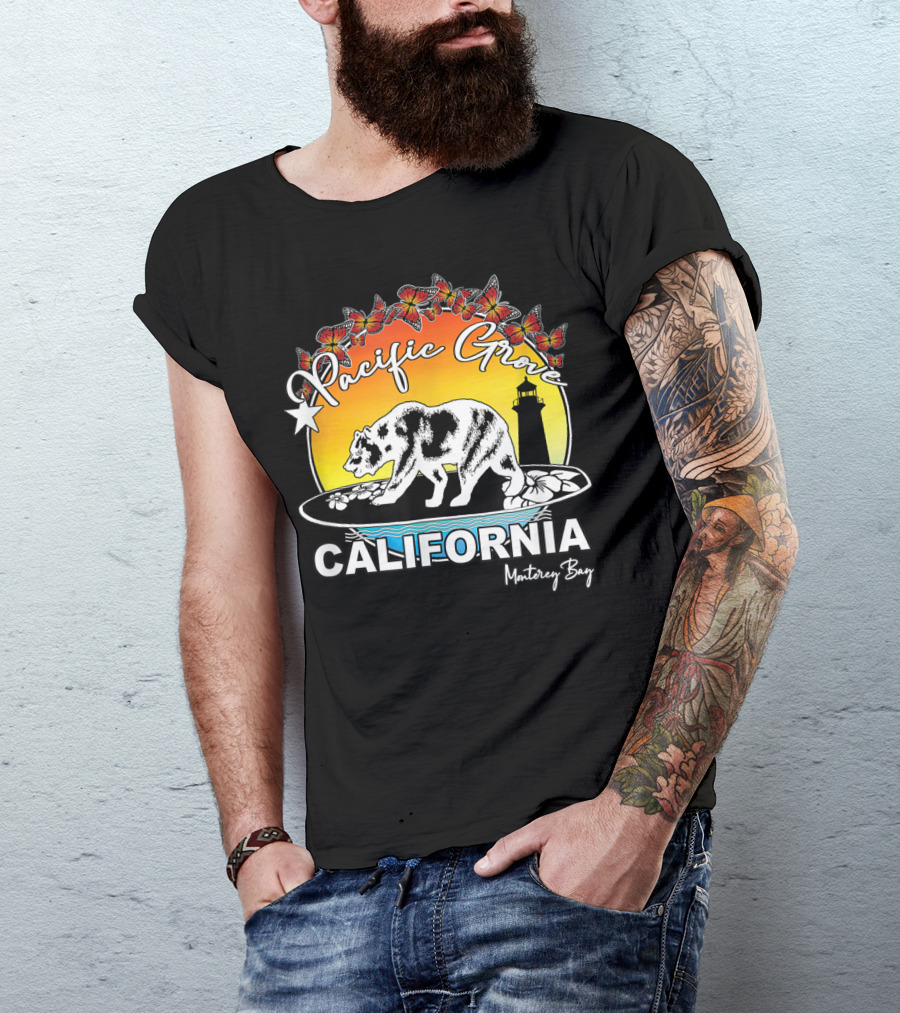 Pacific Grove California Surfing Bear Monterey Bay Sunburst Butterflies Lighthouse T-Shirt