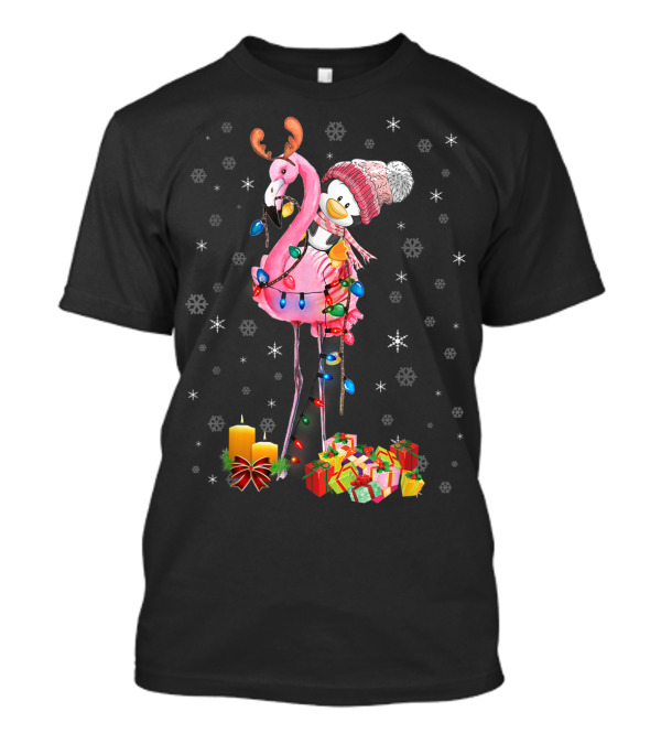 Penguin Riding Flamingo With Christmas Lights And Gifts T-Shirt