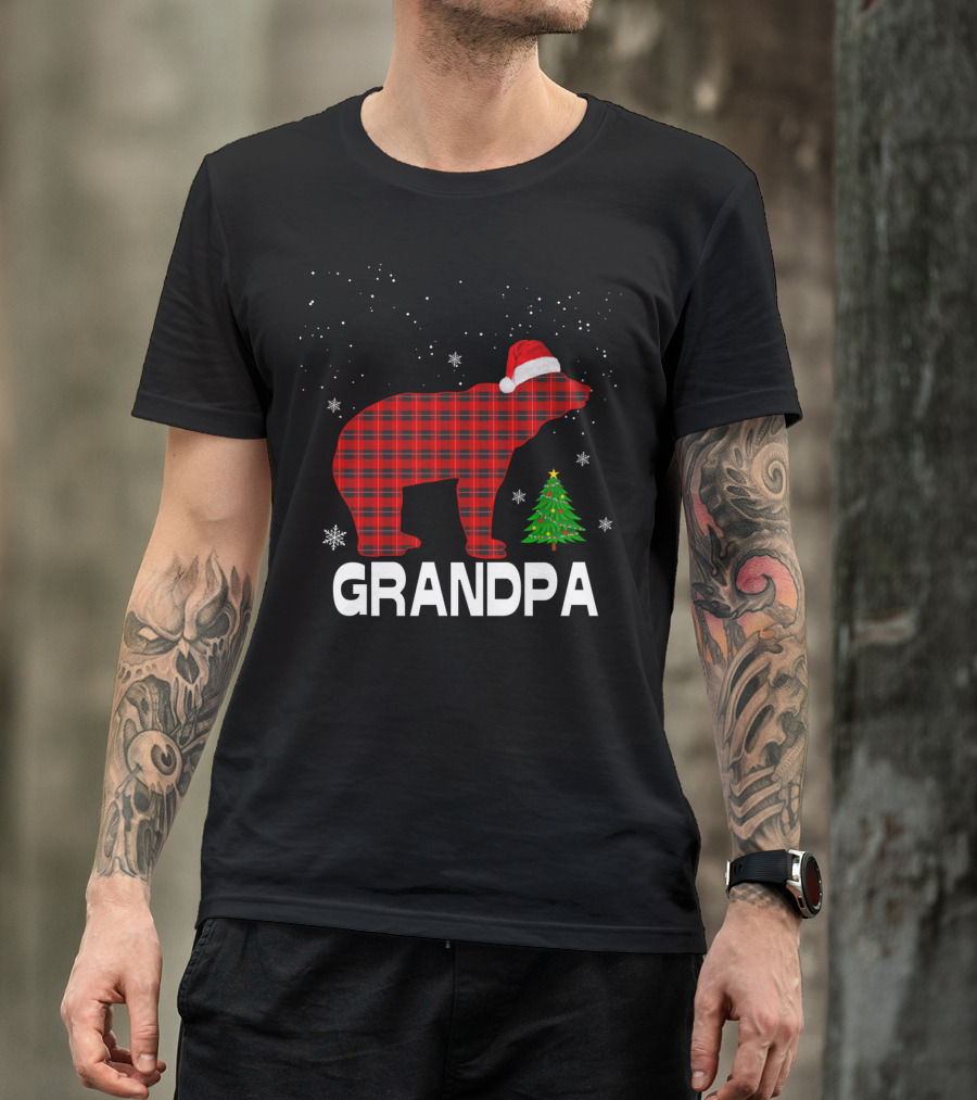 Grandpa Bear Red Plaid Santa Hat Christmas Tree Snowflakes T-Shirt