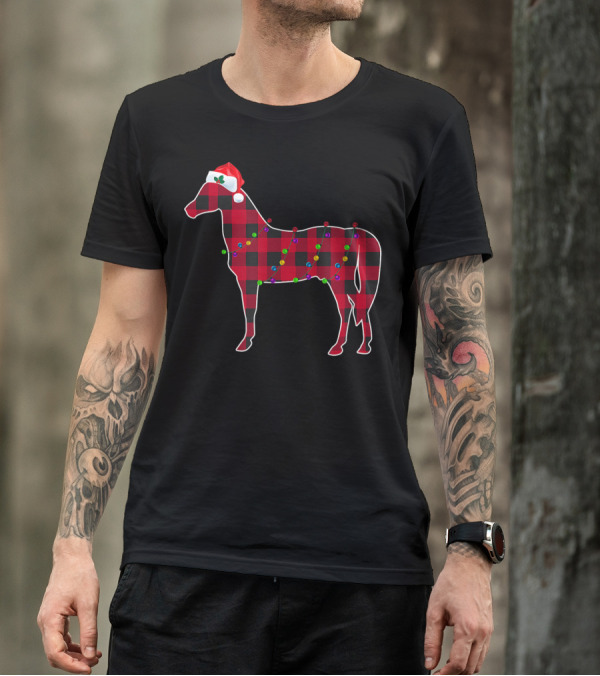 Red Plaid Horse With Christmas Lights And Santa Hat Buffalo T-Shirt