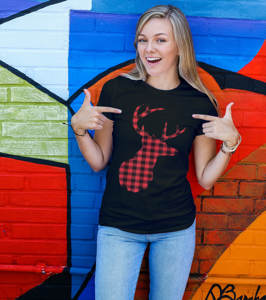 Red Plaid Buffalo Check Reindeer Deer T-Shirt