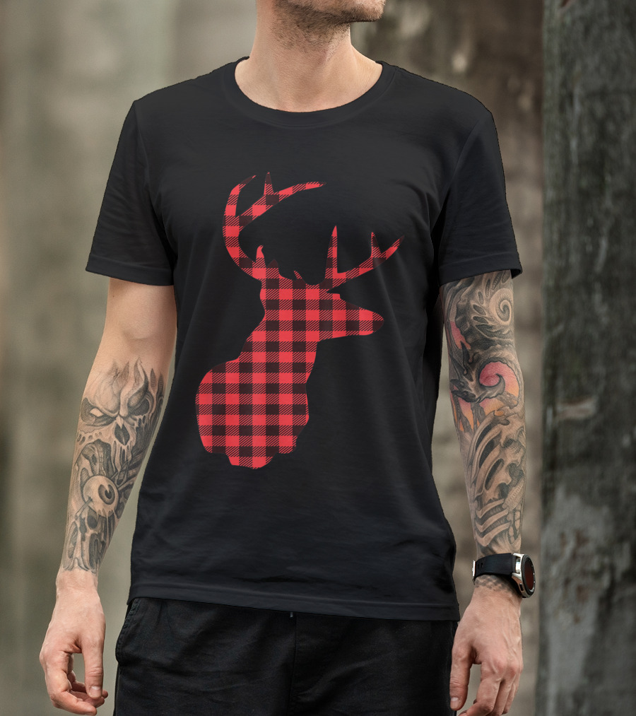 Red Plaid Buffalo Check Reindeer Deer T-Shirt