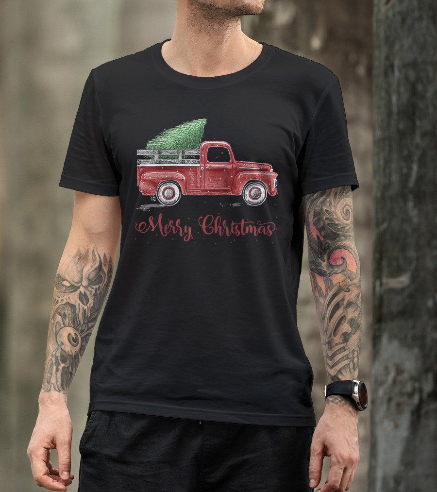 Merry Christmas Red Truck With Christmas Tree T-Shirt