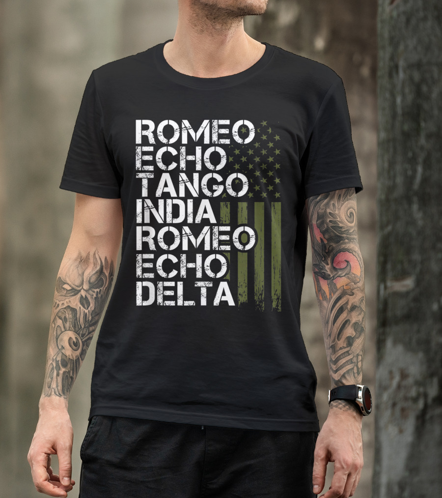 Romeo Echo Tango India Romeo Echo Delta Military Phonetic Alphabet With American Flag T-Shirt