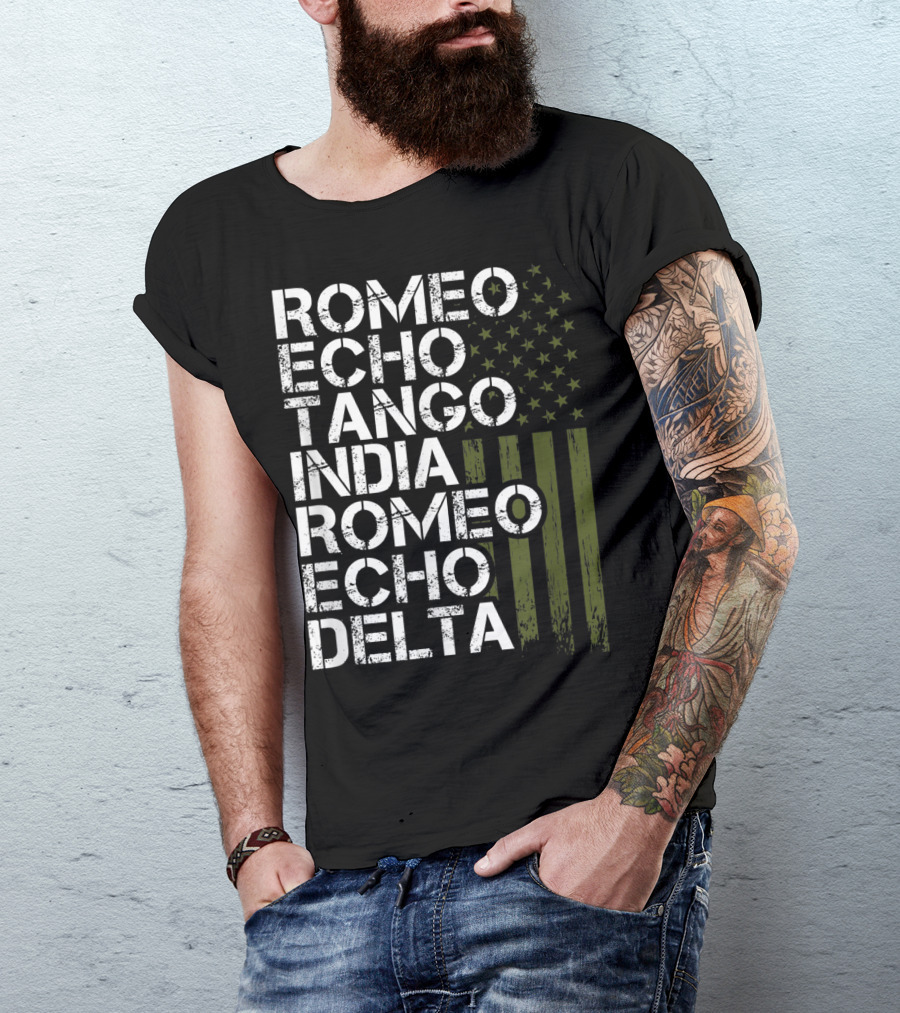 Romeo Echo Tango India Romeo Echo Delta Military Phonetic Alphabet With American Flag T-Shirt