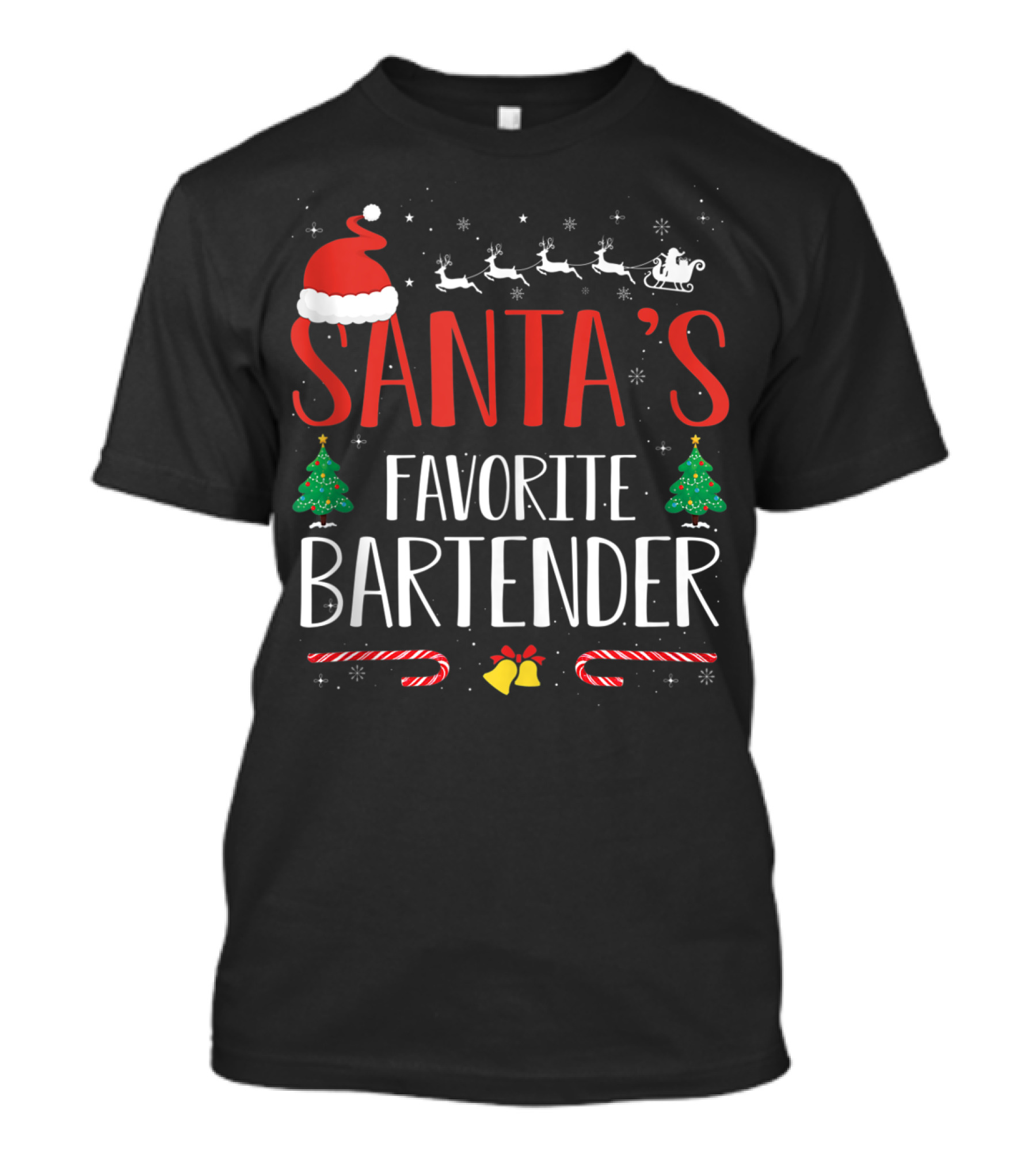 Santa's Favorite Bartender Christmas Hat Sleigh Trees Candy Canes T-Shirt