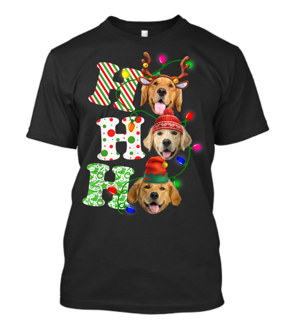 Christmas Ho Ho Ho Golden Retriever With Festive Lights And Holiday Hats T-Shirt