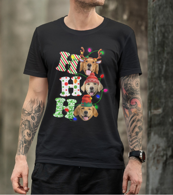 Christmas Ho Ho Ho Golden Retriever With Festive Lights And Holiday Hats T-Shirt