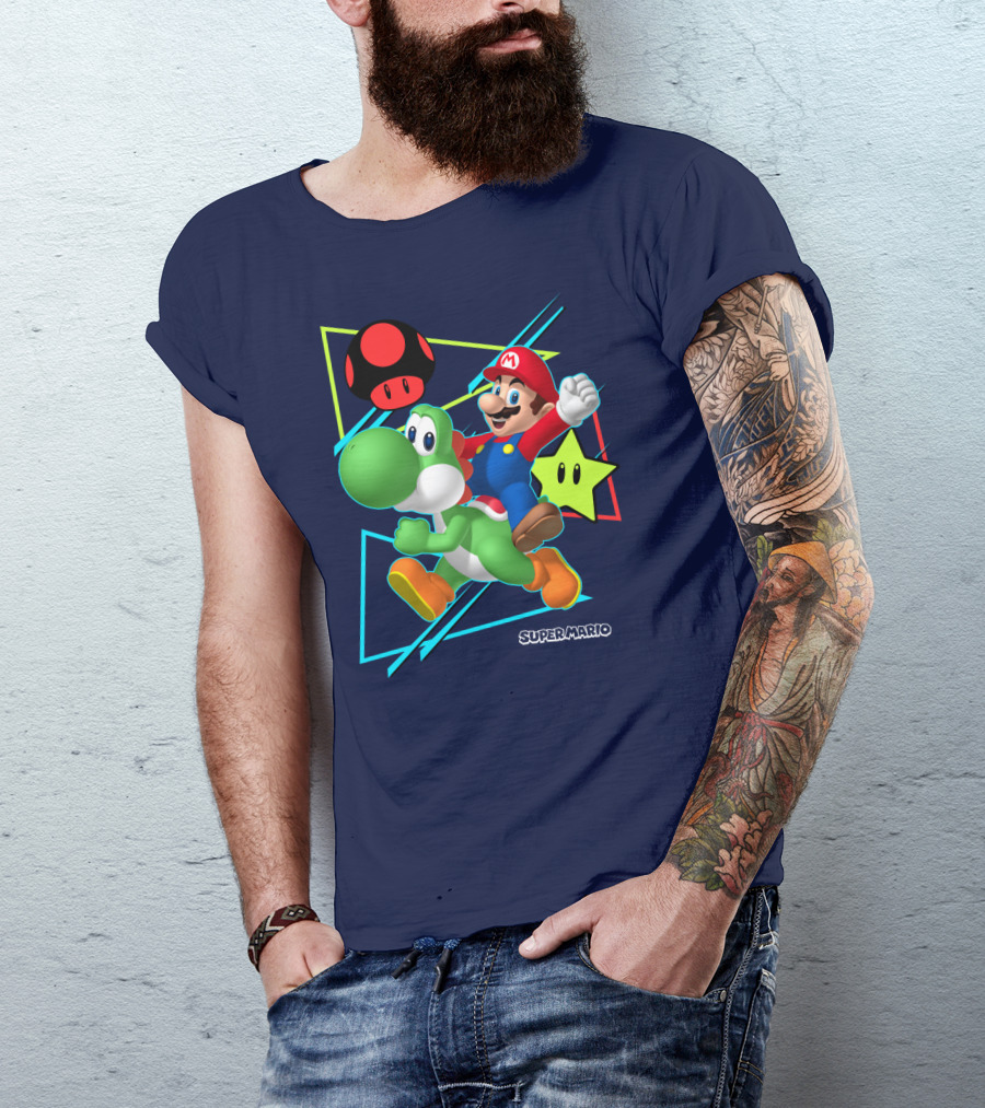 Super Mario Yoshi Adventure With Red Mushroom And Star T-Shirt