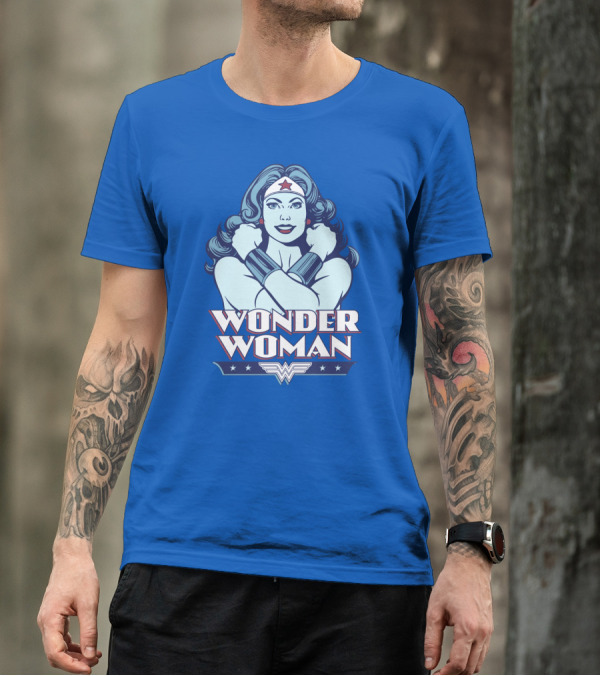 WONDER WOMAN Retro Blue Crossover Illustration With Star Headband And Arm Bracelets T-Shirt