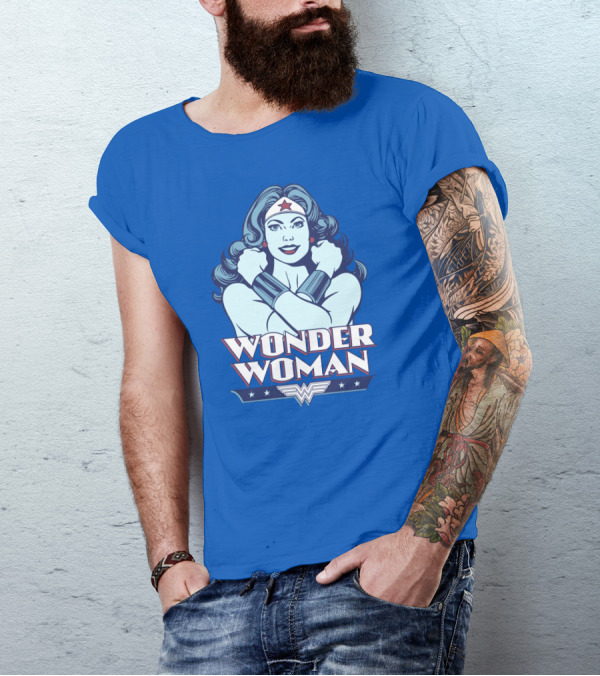 WONDER WOMAN Retro Blue Crossover Illustration With Star Headband And Arm Bracelets T-Shirt