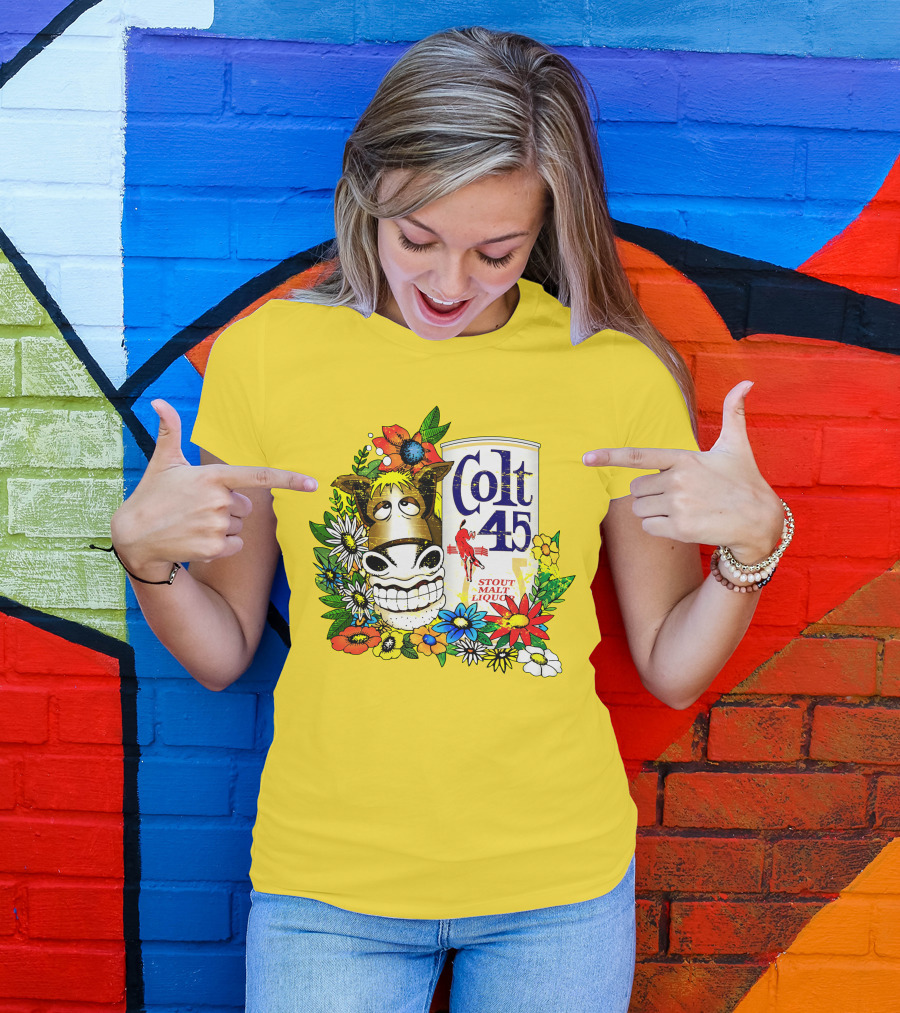 Colt 45 Malt Liquor With Cartoon Horse And Colorful Floral Background T-Shirt