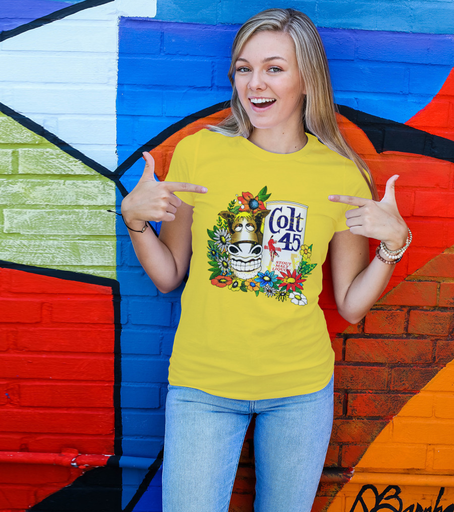 Colt 45 Malt Liquor With Cartoon Horse And Colorful Floral Background T-Shirt