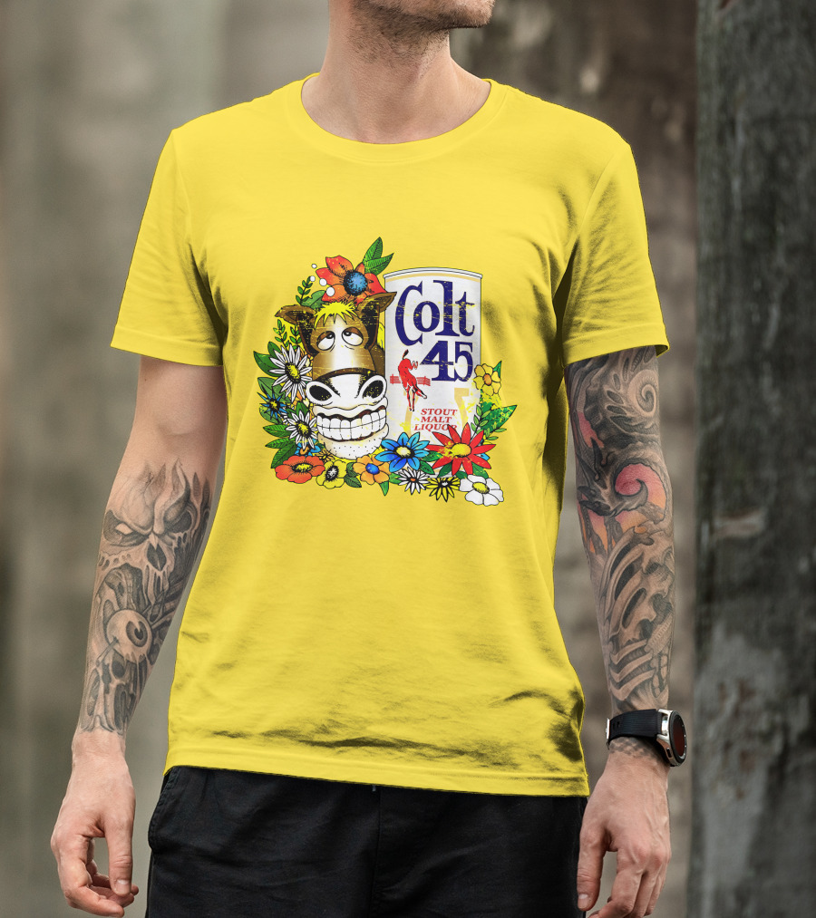 Colt 45 Malt Liquor With Cartoon Horse And Colorful Floral Background T-Shirt