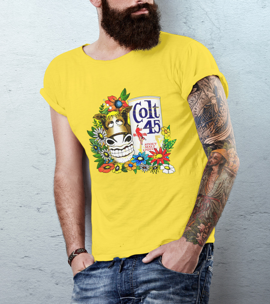 Colt 45 Malt Liquor With Cartoon Horse And Colorful Floral Background T-Shirt