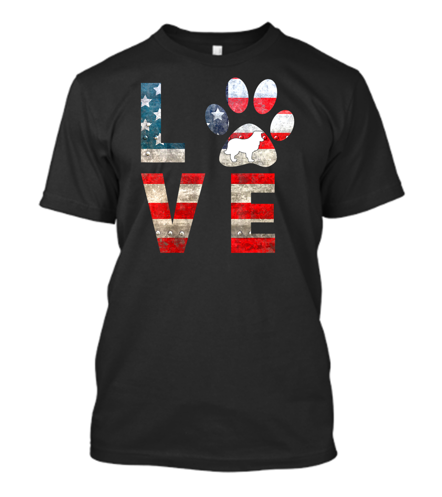 Patriotic Sheltie Dog American Flag Love Pawprint T-Shirt