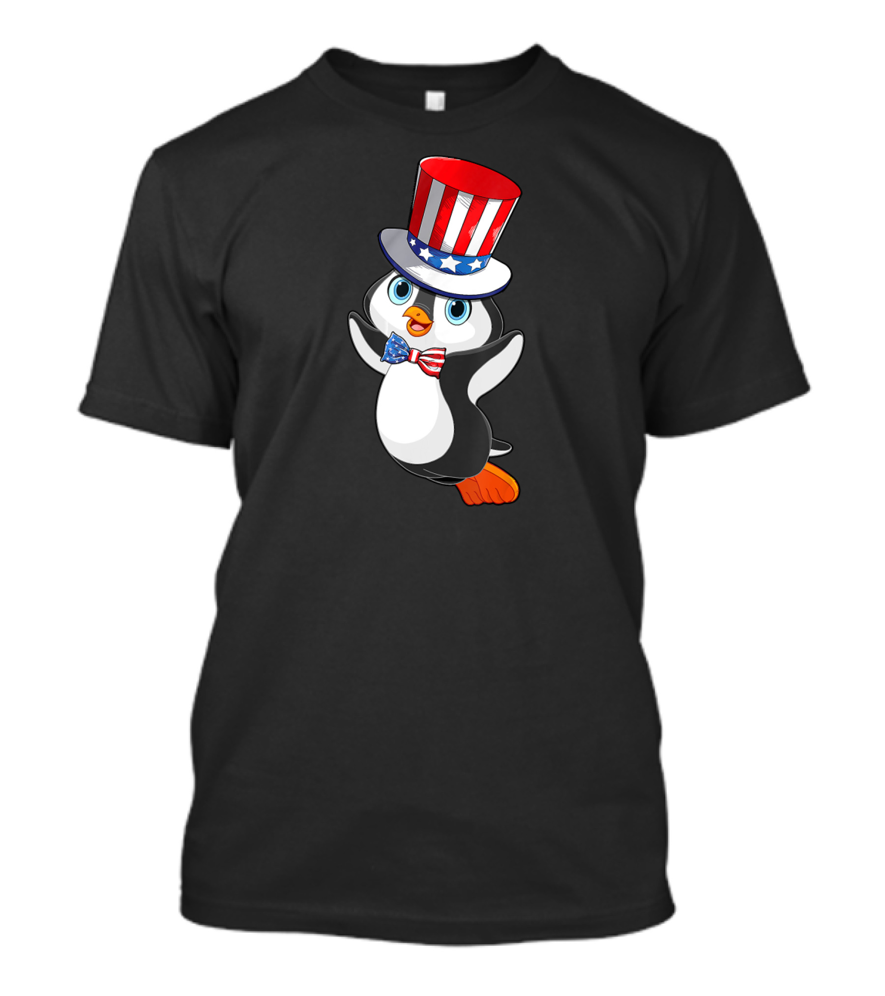 Penguin Wearing American Flag Top Hat With Stars And Stripes Bow Tie Patriotic T-Shirt