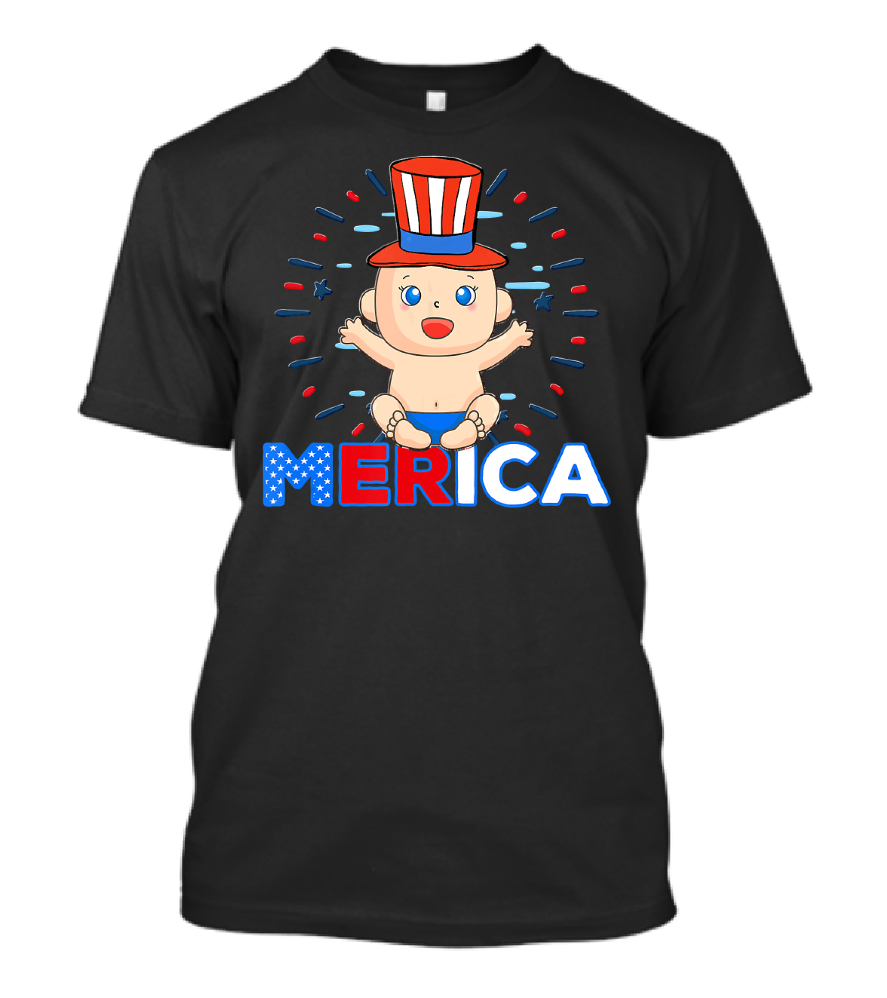 Merica 4th Of July Baby Announcement With Patriotic Hat And Fireworks T-Shirt