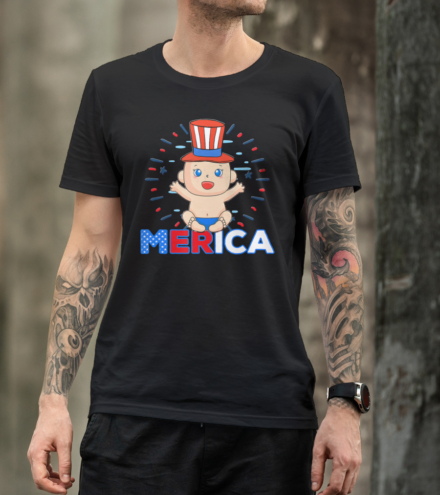 Merica 4th Of July Baby Announcement With Patriotic Hat And Fireworks T-Shirt