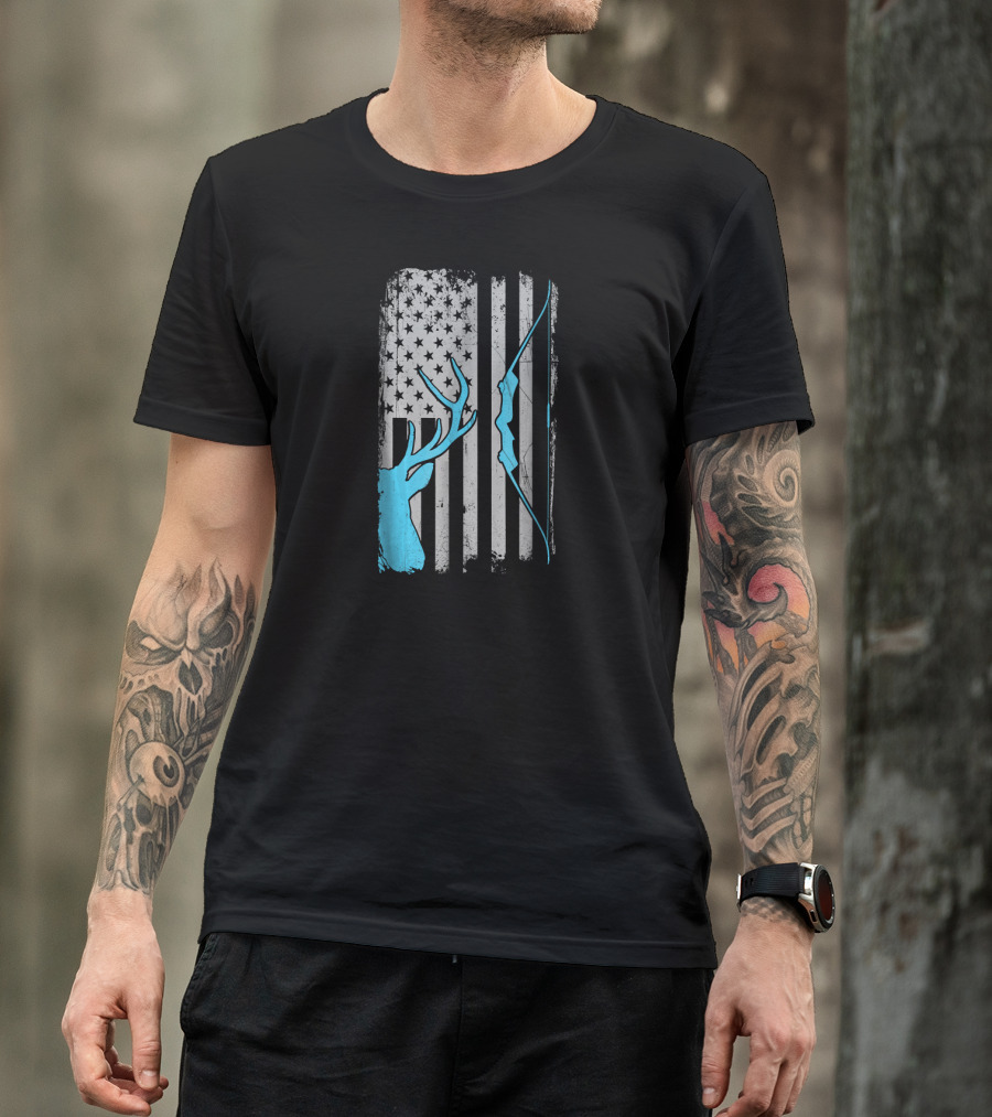 American Flag Antler Recurve Bow Hunter T-Shirt