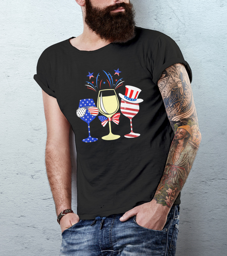Red White Blue Wine Glasses USA Flag Patriotic Wine T-Shirt