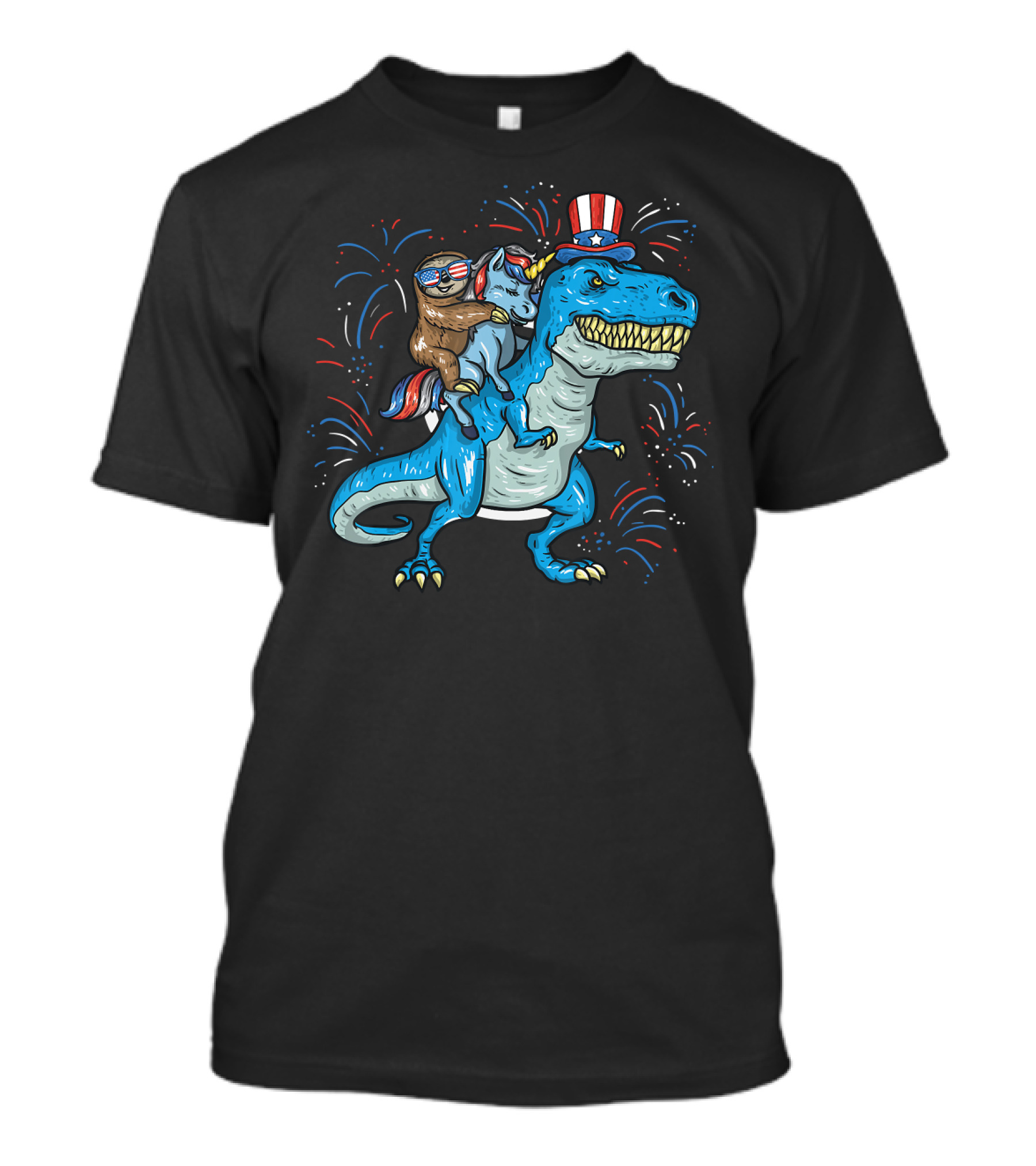 Sloth Unicorn Rex Dino Patriotic Fireworks 4th Of July T-Shirt