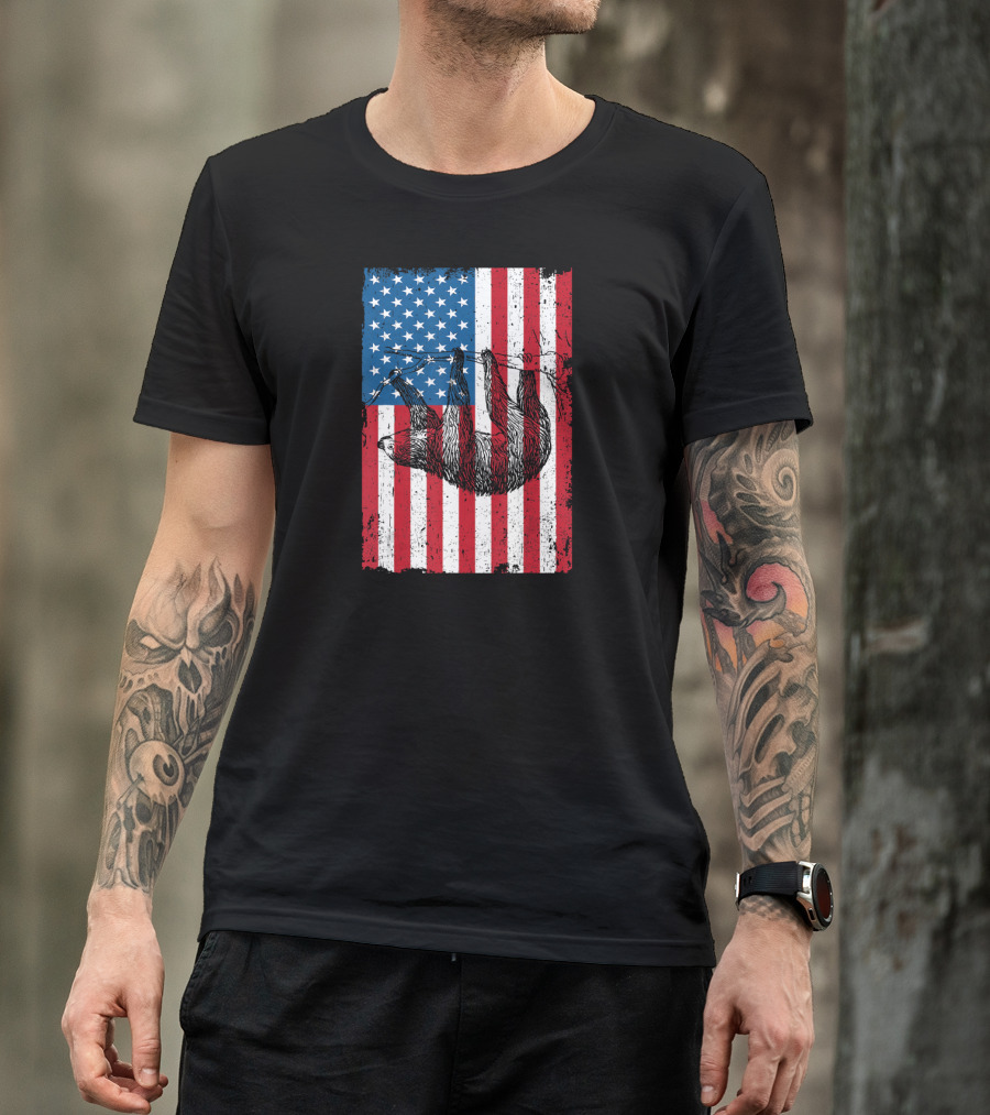 4th July Sloth Hanging On USA Flag Independence Day T-Shirt