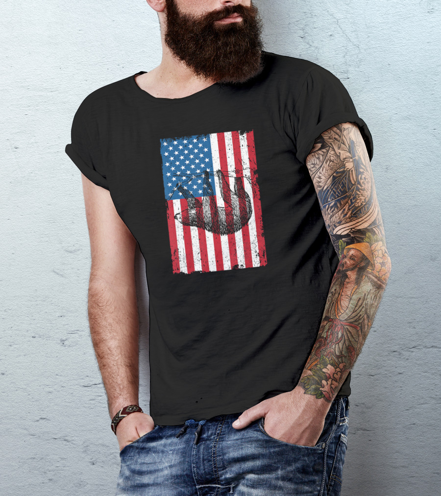 4th July Sloth Hanging On USA Flag Independence Day T-Shirt