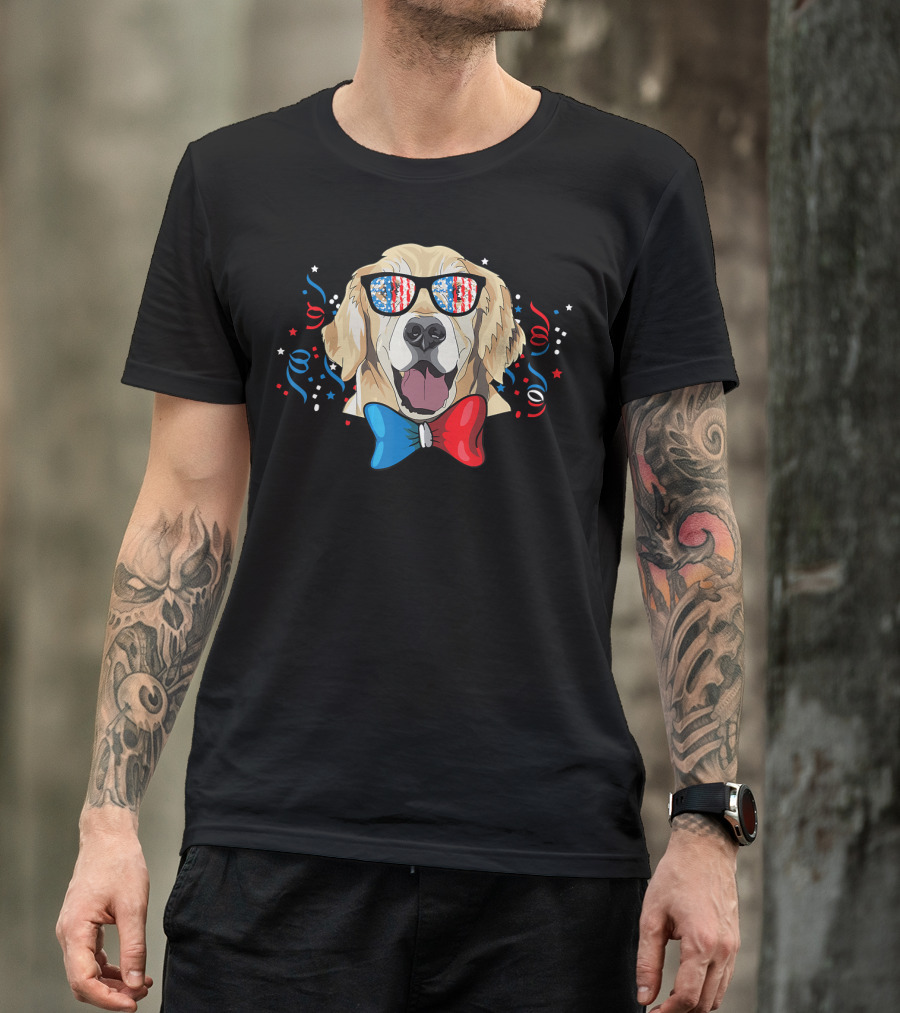 4th Of July Golden Retriever Dog USA Glasses Red White Blue Bowtie T-Shirt