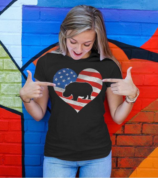 American Flag Heart With Hippo Silhouette 4th Of July Print T-Shirt