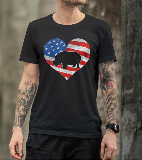 American Flag Heart With Hippo Silhouette 4th Of July Print T-Shirt