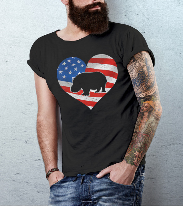 American Flag Heart With Hippo Silhouette 4th Of July Print T-Shirt