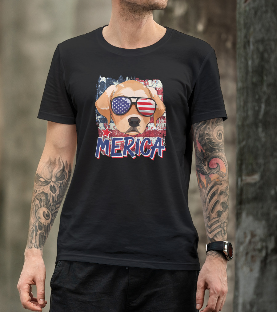Merica Labrador Retriever With American Flag Sunglasses T-Shirt