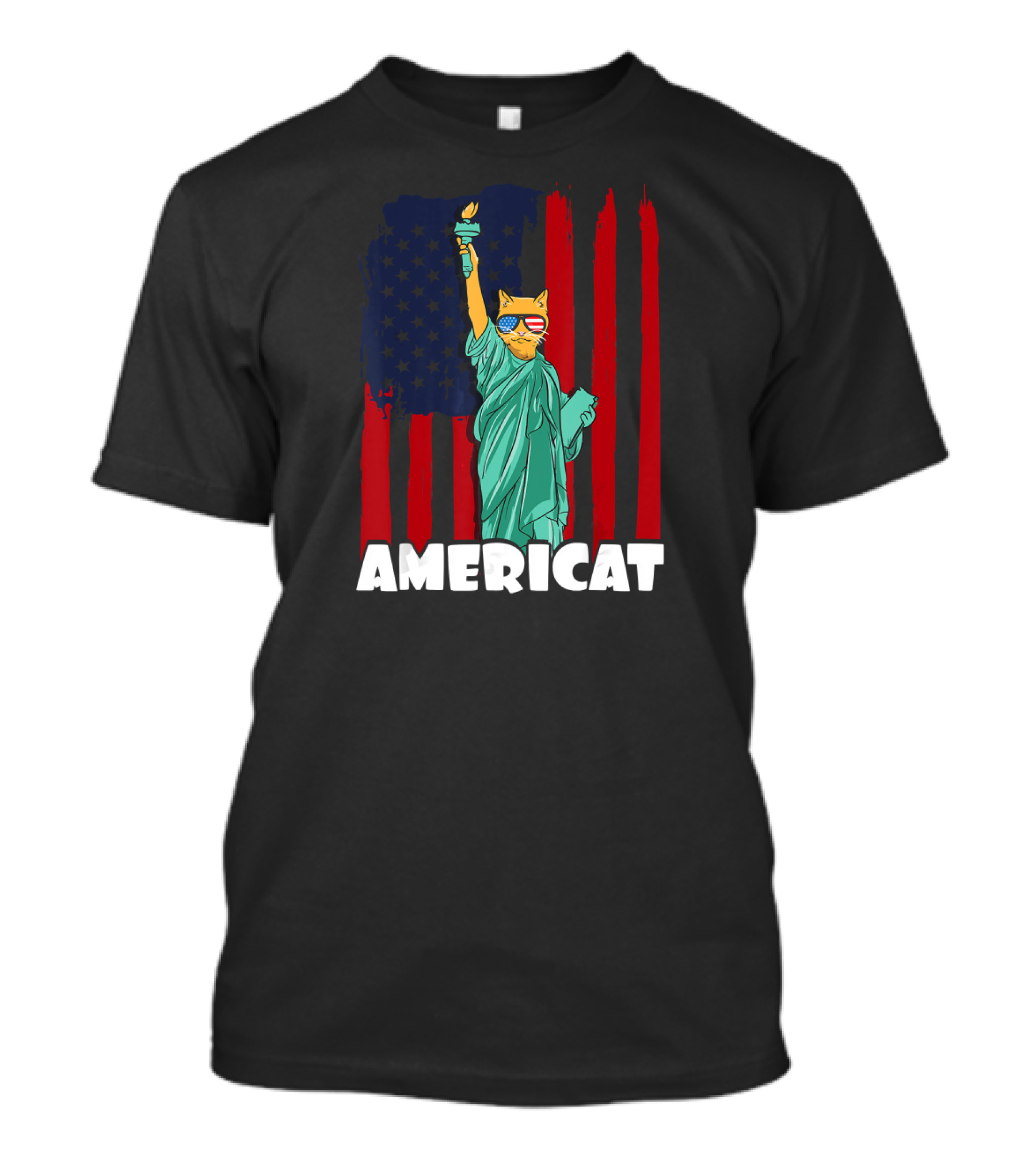 Americat Statue Of Liberty Cat In Patriotic Sunglasses With American Flag Background 4th Of July Independence Day T-Shirt
