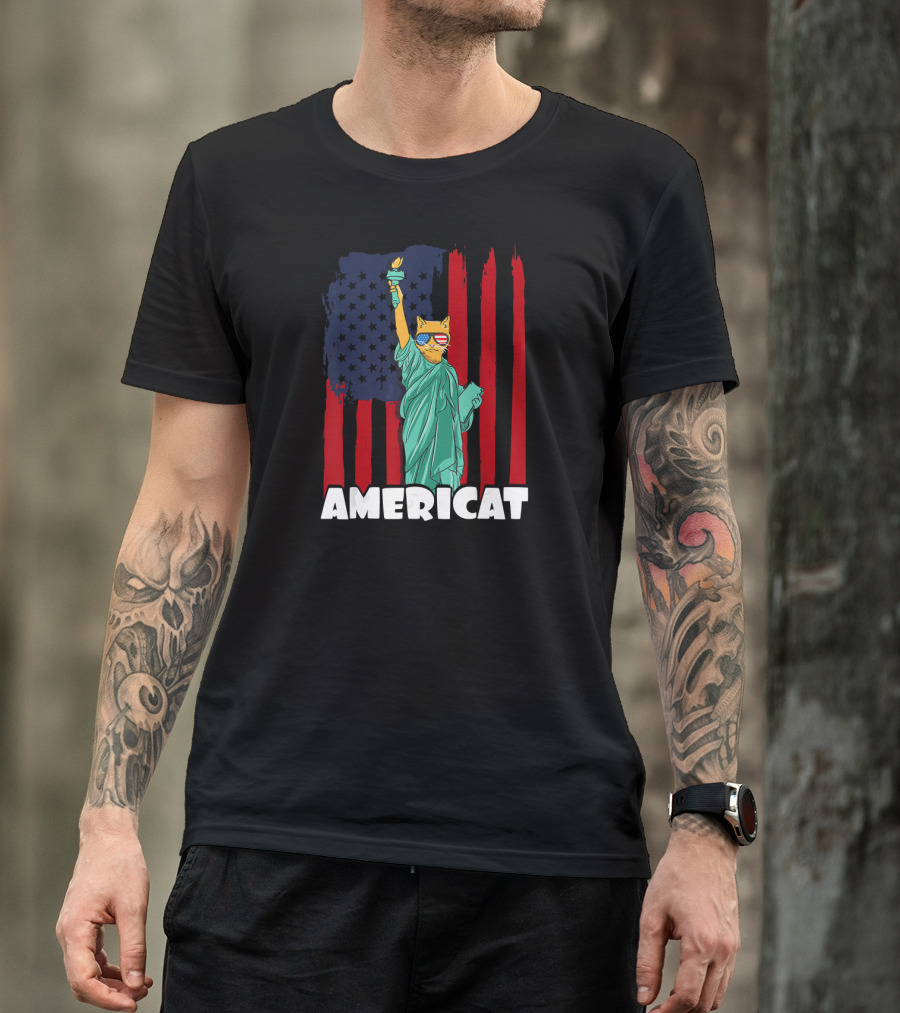 Americat Statue Of Liberty Cat In Patriotic Sunglasses With American Flag Background 4th Of July Independence Day T-Shirt