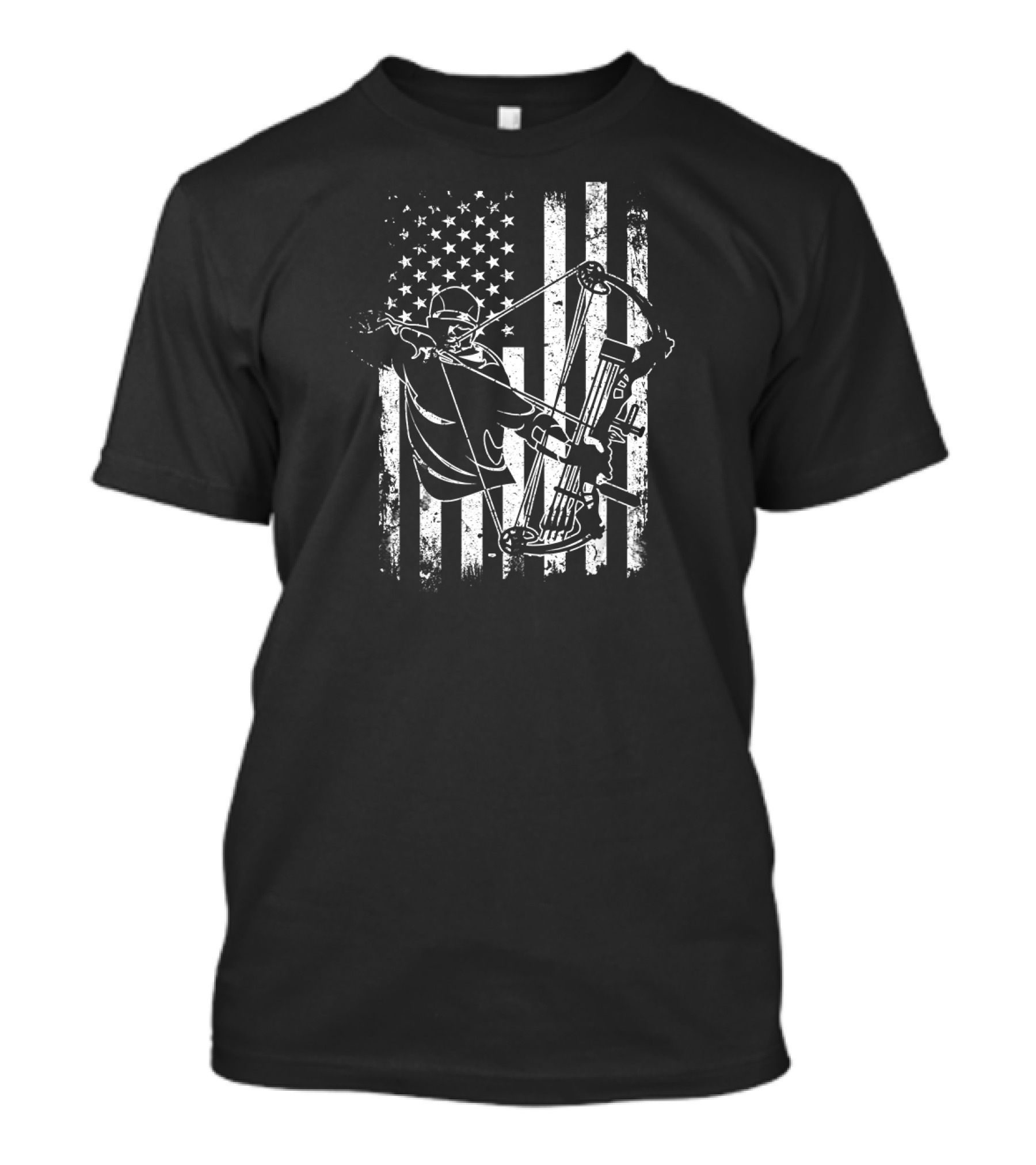 Archery Bow Hunter With Compound Bow And American Flag Background T-Shirt