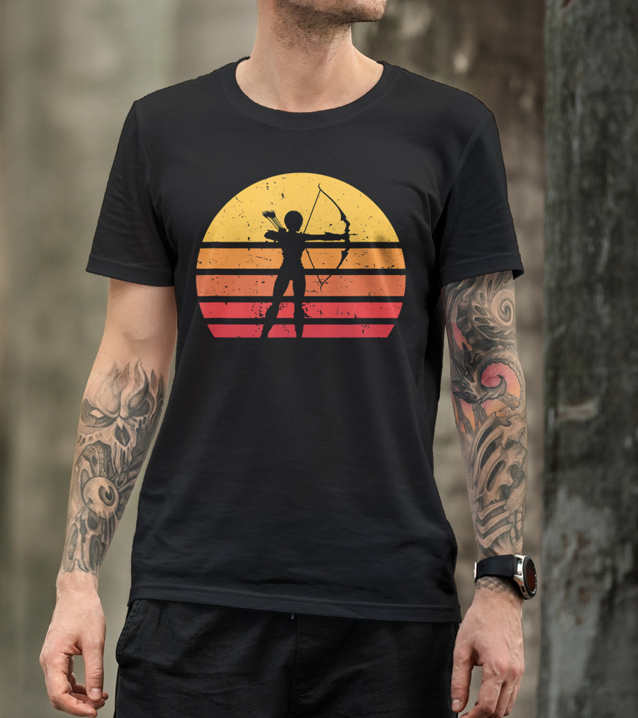 Vintage Sunset Silhouette Women Archer Hunting Archery T-Shirt
