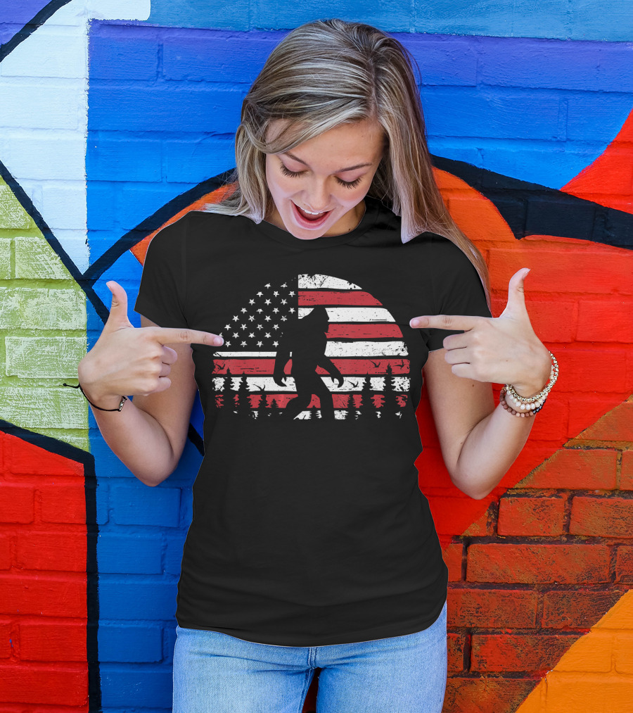 Bigfoot Silhouette With American USA Flag And Trees For 4th Of July T-Shirt