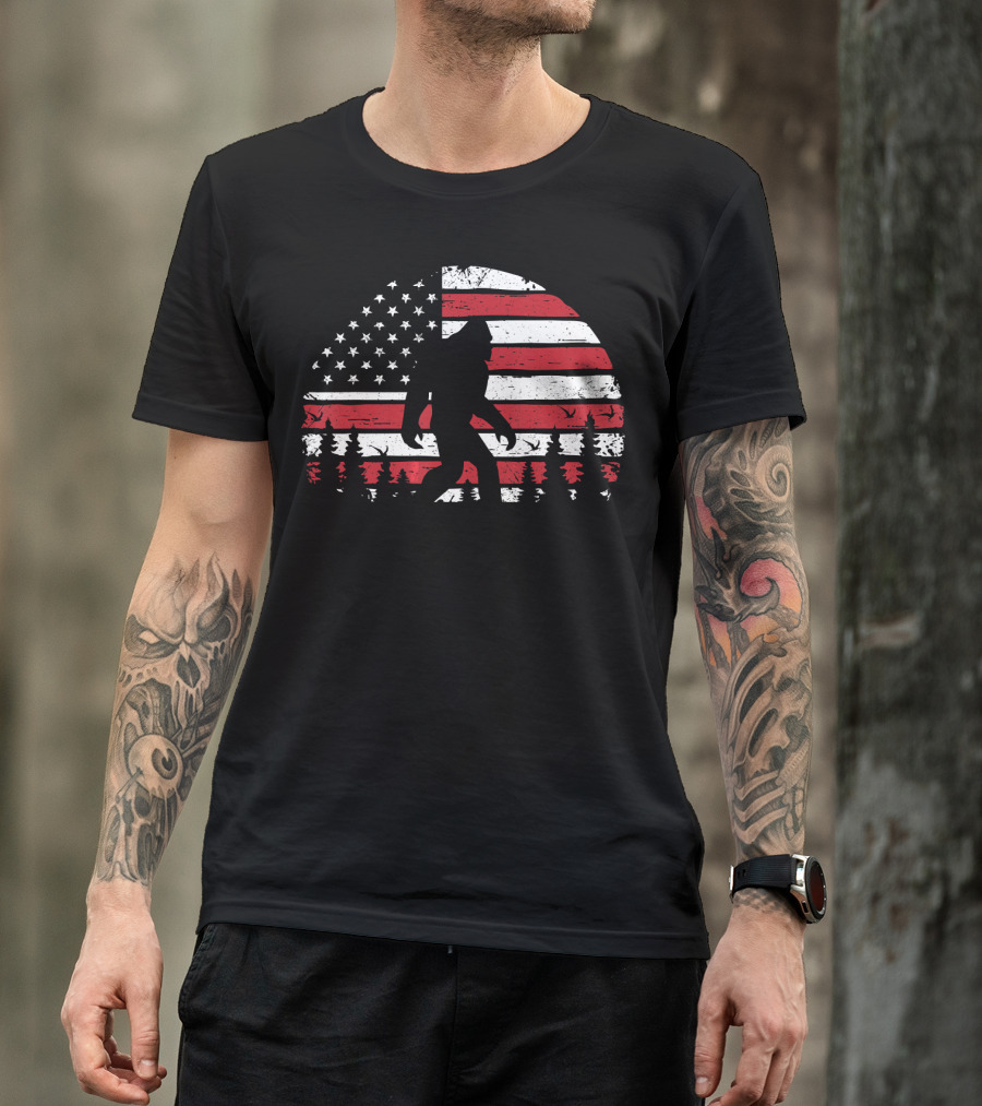 Bigfoot Silhouette With American USA Flag And Trees For 4th Of July T-Shirt