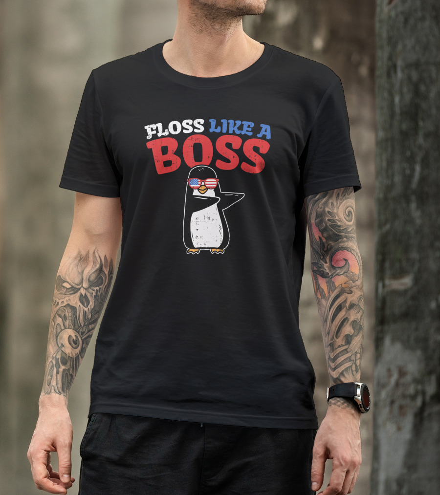 Floss Like A Boss Dance Penguin With USA Flag Sunglasses T-Shirt