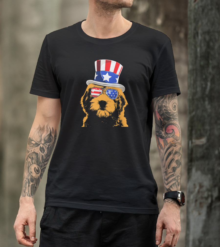 Goldendoodle Patriotic Uncle Sam Hat And American Flag Sunglasses T-Shirt