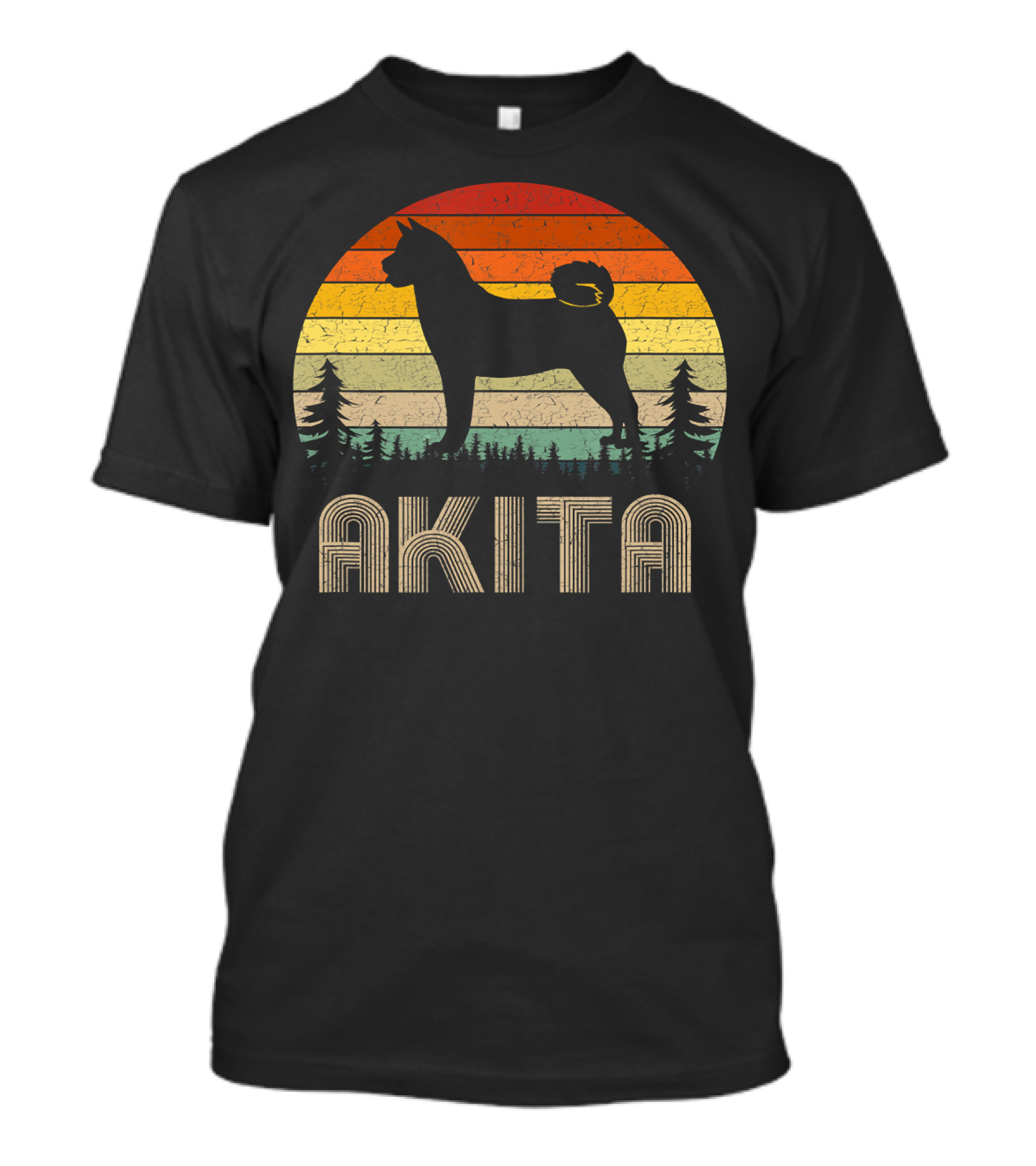 Akita Retro Dog Silhouette 70s Style Vintage Sunset Stripes T-Shirt