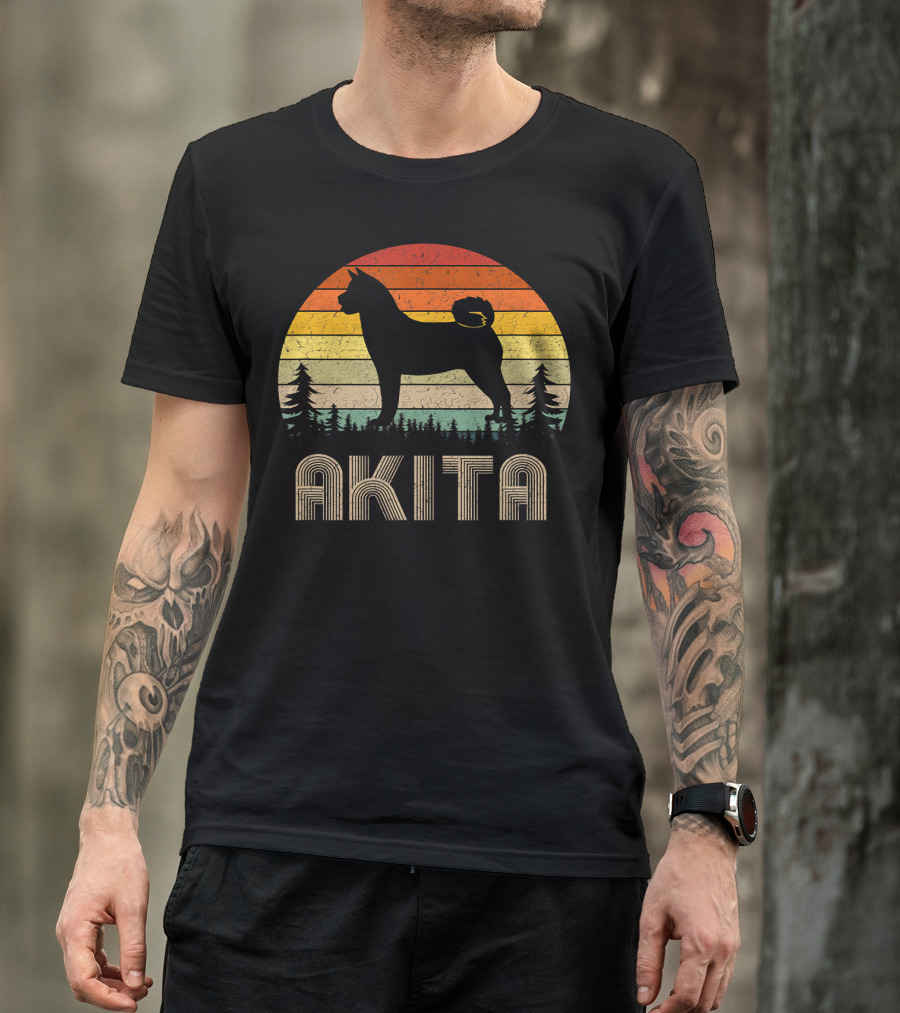 Akita Retro Dog Silhouette 70s Style Vintage Sunset Stripes T-Shirt