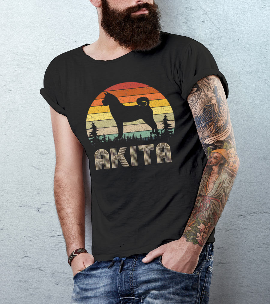 Akita Retro Dog Silhouette 70s Style Vintage Sunset Stripes T-Shirt
